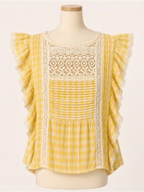 Free People Yellow Gingham Cotton Lace-Trim Flutter Sleeve Top Blouse Size 10